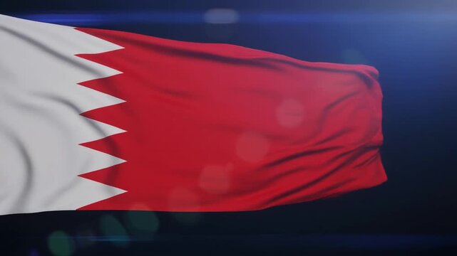 "Bahrain flag with red and white fields, serrated division of five triangles, symbolizing heritage, unity, and national identity."
