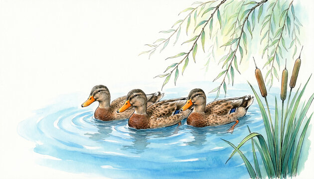 watercolor-style illustration, blue pond with three brown ducks