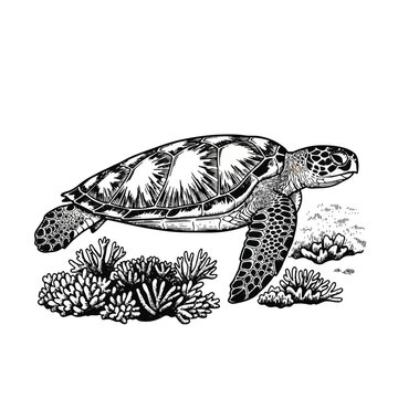 Turtle swimming near coral reef sea.