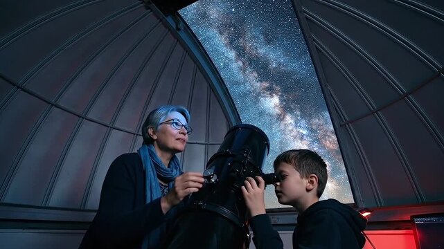 A curious boy peering through a telescope at the starry sky, guided by a woman inside an observatory