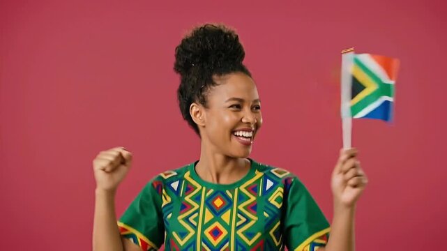 Happy woman celebrating with south african flag