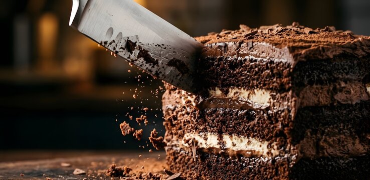 Cutting a fresh layered chocolate sponge cake with a chef knife close up with flying crumbs