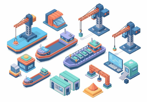 Isometric set of industrial construction and transportation elements including cranes, ships, buildings, and a computer.
