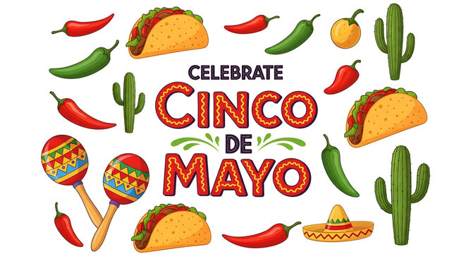 colorful cinco de mayo fiesta illustration with tacos and cacti