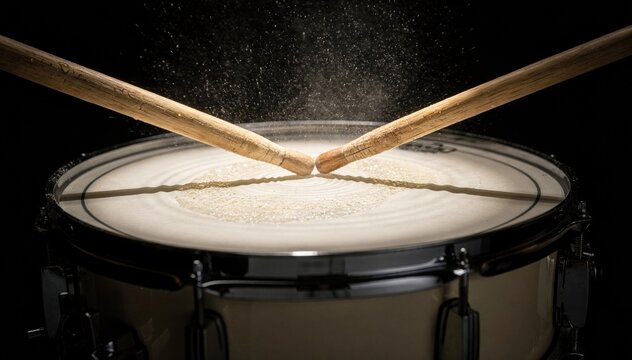 Close-up view of wooden drumsticks striking a snare drum, creating a cloud of dust above the drumhead in a dark studio setting with dramatic lighting