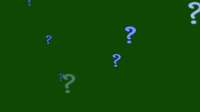 Floating question marks animation with chroma key green screen glowing white symbols moving as particle system overlay effect perfect for school education science literature and web videos