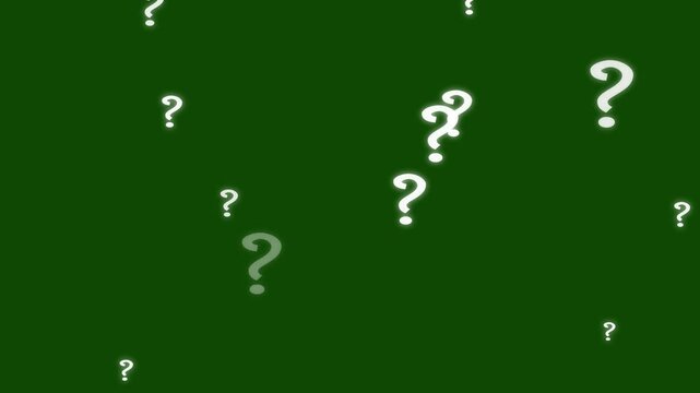 Seamless loop animation of glowing white question marks flying on green screen background with particle effects cartoon comic style for education science presentations and creative video projects