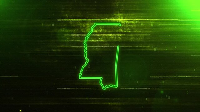4K Resolution, Mississippi State (USA) Digital Futuristic Glitch Map, Futuristic AI Mississippi Map Opener Suitable for Elections, July 4th and Memorial Day