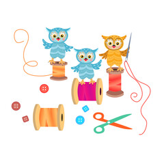 Fototapeta premium Cute owls - tailors on spools of threads. Owl holds needle with thread. 