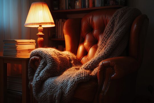 Warm cozy living room with armchair, lamp, books, and knitted blanket in dim light, inviting atmosphere for relaxation and reading. Perfect for quiet evening