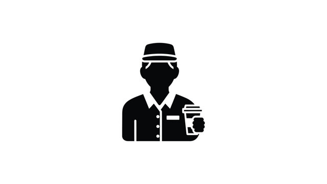 Minimalist icon of a coffee shop worker holding a disposable cup.