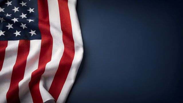American US flag on dark blue background with copy space, presidential midterm elections 2026, american national holiday, July 4, Veterans or memorial day patriotic banner