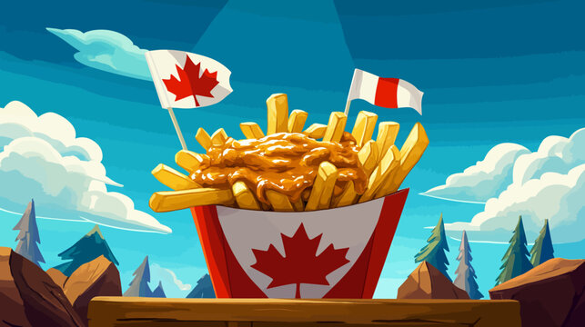 Digital art featuring a serving of poutine in a Canadian flag container, with flags and a landscape