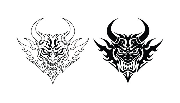 Tribal demon mask outline and silhouette vector illustration with fiery accents