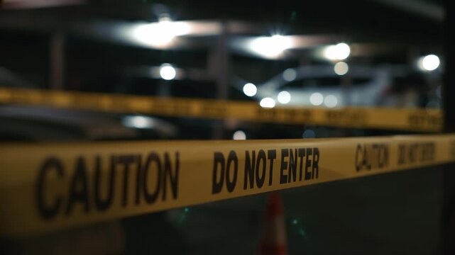 Yellow do not enter caution tape at night blocking parking area with cars creating sense of restricted access and increased security in illuminated parking environment