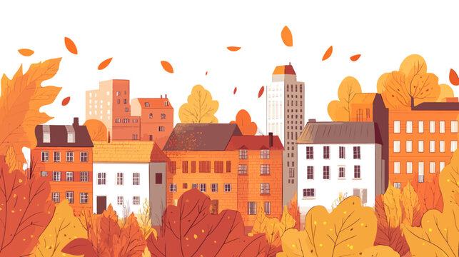 A picturesque fall scene depicting buildings and trees with falling leaves in warm colors