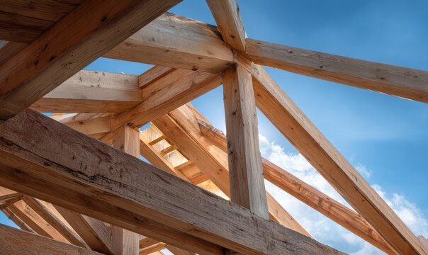Open wood frame construction showing interlocking beams under a bright sky