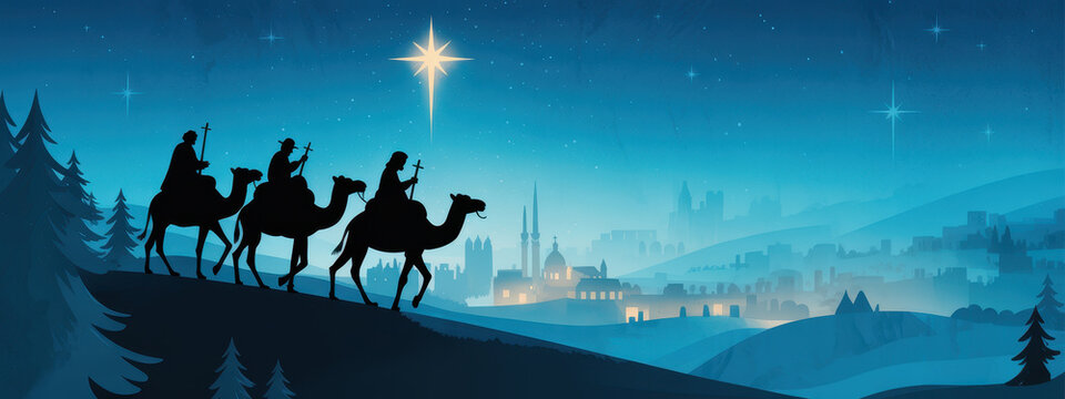 Silhouette of three wise men riding camels toward a distant town under a bright christmas star