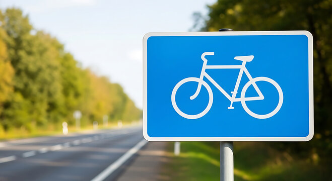 Blue Bicycle Lane Traffic Sign on Sunny Roadside with Blurred Highway Background
