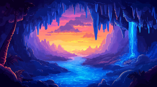 A pixelated fantasy landscape scene with a cave, a waterfall, river, and a sunset sky