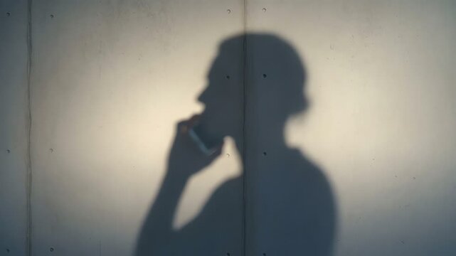 Shadow of a person talking on a smartphone against a concrete wall