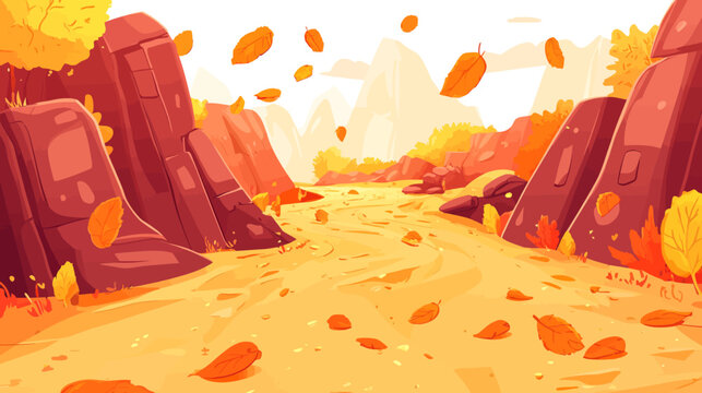 Illustration of a whimsical autumn scene featuring falling leaves, rocks, and rolling landscape