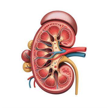 Detailed illustration of human kidney anatomy with blood vessels and ureter transparent background