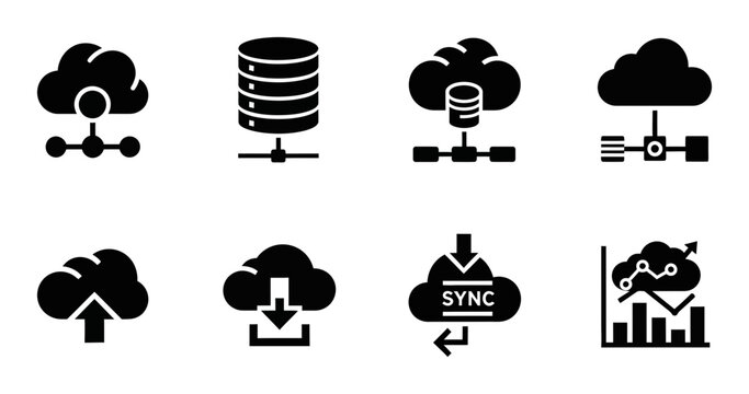 Cloud computing vector icons, black data storage and network server symbols, modern digital technology and internet connectivity graphics, web hosting and online synchronization elements for