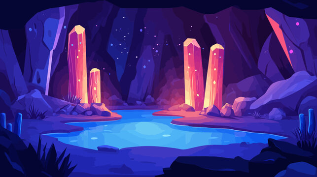 A pixelated fantasy cavern with luminous crystals by a serene pond