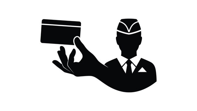 Silhouette icon of a hotel bellhop or concierge holding a credit card.