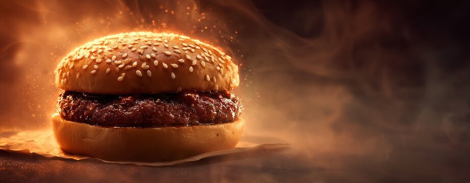 Juicy Burger on Fire: Savor the visual feast of a delicious burger, its ingredients perfectly layered and steaming, tempting taste buds with its smoky essence.