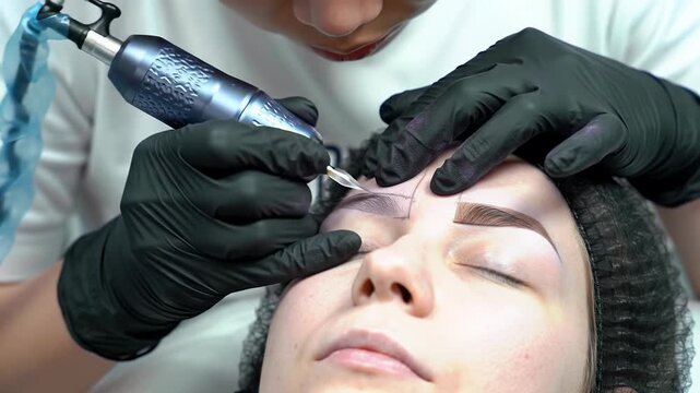 Skilled beautician in black gloves applies permanent makeup to young caucasian woman's eyebrows. Close-up video, sterile salon. Beauty concept.