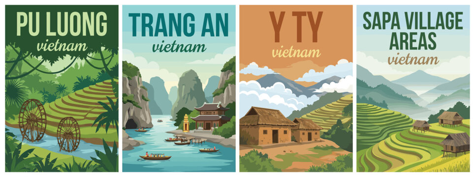Vintage vietnam travel poster set. Including pu luong landscape, trang an limestone mountains, y ty rice terraces, and sapa village areas. Wall art prints.