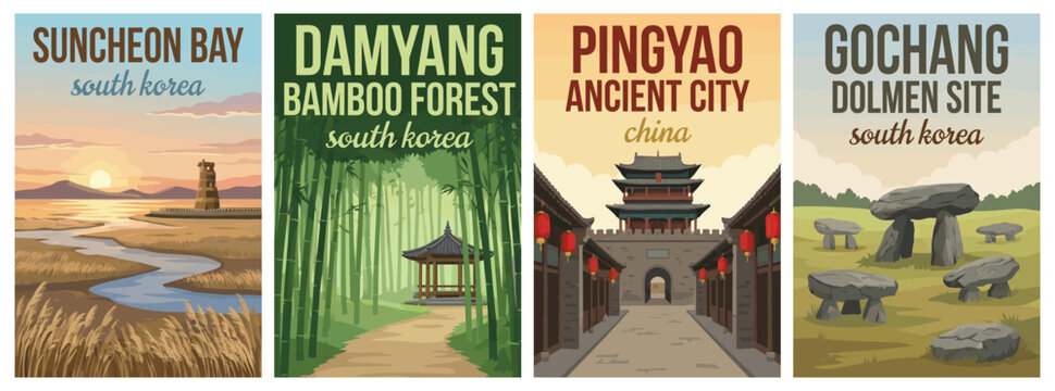 Vintage Asia travel poster set. Including Suncheon Bay, Damyang bamboo forest, Pingyao ancient city China, and Gochang dolmen site. Retro vector illustration.