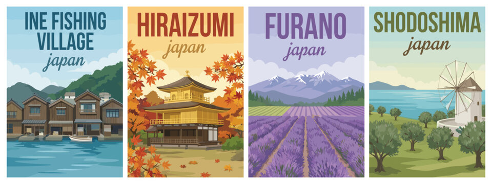 Vintage Japan travel poster set. Including Ine fishing village, Hiraizumi temple, Furano lavender fields, and Shodoshima island. Retro vector illustration.