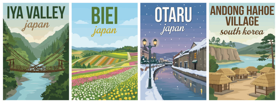 Vintage Asia travel poster set. Including Iya Valley bridge, Biei flower fields, Otaru canal in Japan, and Andong Hahoe Village in South Korea. Retro vector.