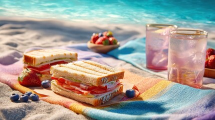 Fototapeta premium Fresh sandwich and fruit on a colorful blanket at the beach. Picnic meal with toast and berries by the ocean. Summer vacation snack concept for healthy lifestyle and outdoor dining.