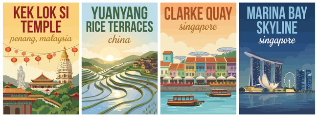 Fototapeta premium Vintage asia travel poster set. Including kek lok si temple, yuanyang rice terraces, clarke quay singapore, and marina bay skyline. Retro vector illustration.
