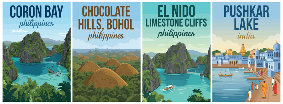 Vintage philippines and india travel poster set. Including coron bay, chocolate hills bohol, el nido limestone cliffs, and pushkar lake. Retro vector illustration.