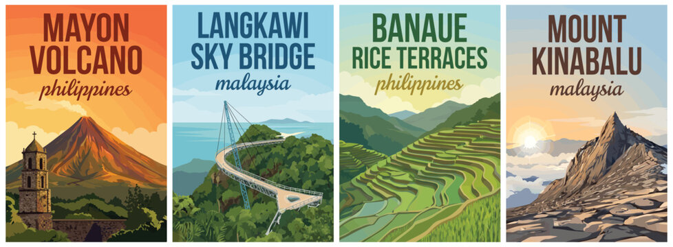 Vintage Southeast Asia travel poster set. Including mayon volcano, langkawi sky bridge, banaue rice terraces, and mount kinabalu. Retro vector illustration.