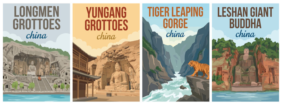 Vintage China travel poster set. Including Longmen Grottoes, Yungang Grottoes, Tiger Leaping Gorge, and Leshan Giant Buddha. Retro vector illustration.
