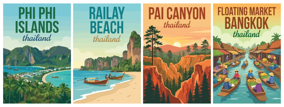 Vintage Thailand travel poster set. Including Phi Phi Islands, Railay Beach, Pai Canyon, and Floating Market Bangkok. Retro vector illustration.