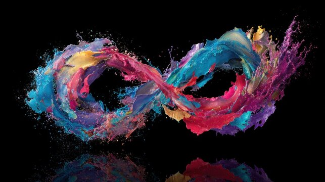 Infinity symbol shaped from colorful liquid paint splashes. Abstract art composition featuring vibrant fluid motion on black background. Concept of eternal time, endless loop and energy.