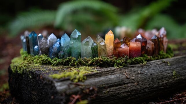 Colorful crystal collection arranged in row on mossy forest log. Healing stones and mineral gems reflecting rainbow spectrum. Nature energy, spiritual meditation and geology concept.