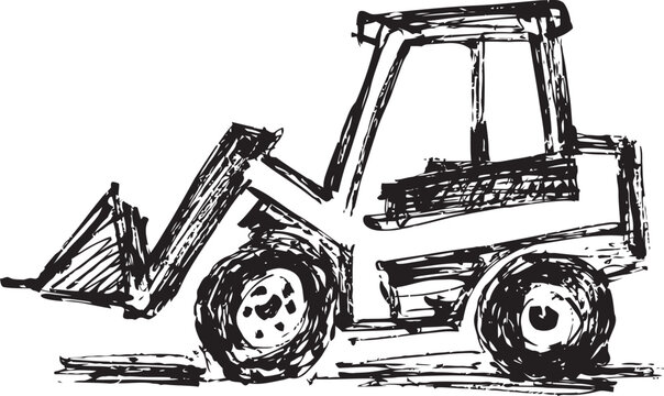 Hand drawn tractor illustration sketched farm vehicle with wheels and cabin in black ink