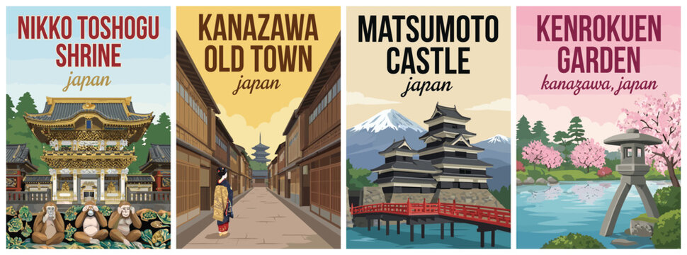 Vintage japan travel poster set. Including nikko toshogu shrine, kanazawa old town, matsumoto castle, and kenrokuen garden. Flat vector wall art prints.
