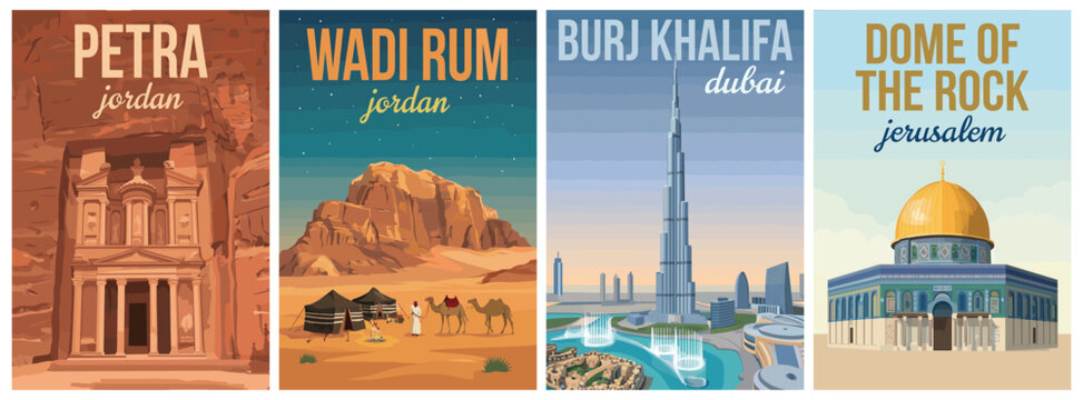 Vintage middle east travel poster set. Including petra, wadi rum, burj khalifa, and dome of the rock jerusalem. Minimalist flat vector wall art prints.