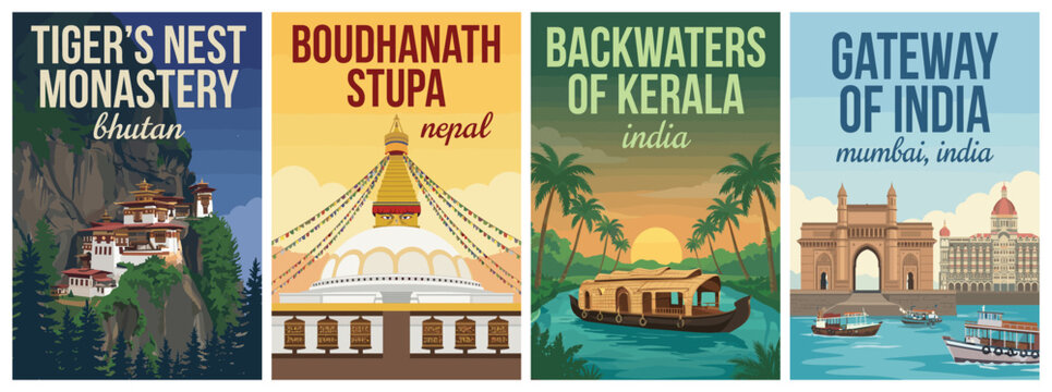 Vintage south asia travel poster set. Including tiger's nest monastery, boudhanath stupa, backwaters of kerala, and gateway of india. Wall art prints.
