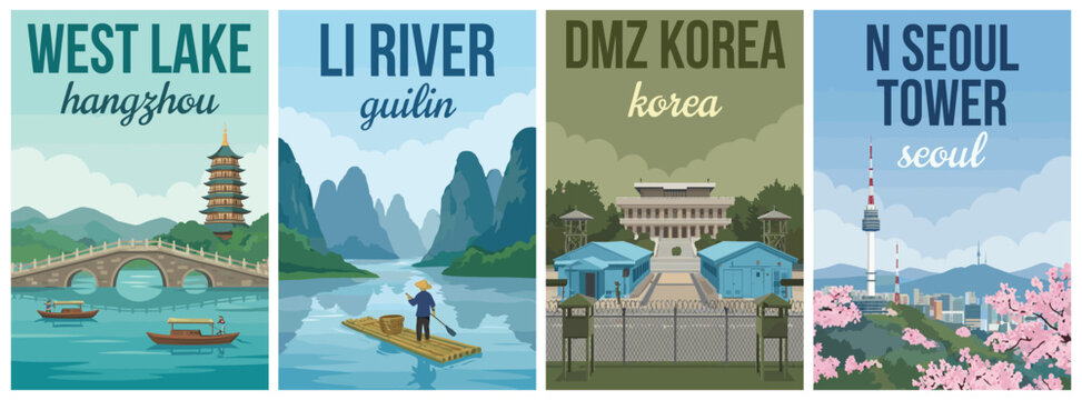 Vintage china and korea travel poster set. Including west lake hangzhou, li river guilin, dmz, and n seoul tower. Minimalist flat vector wall art prints.