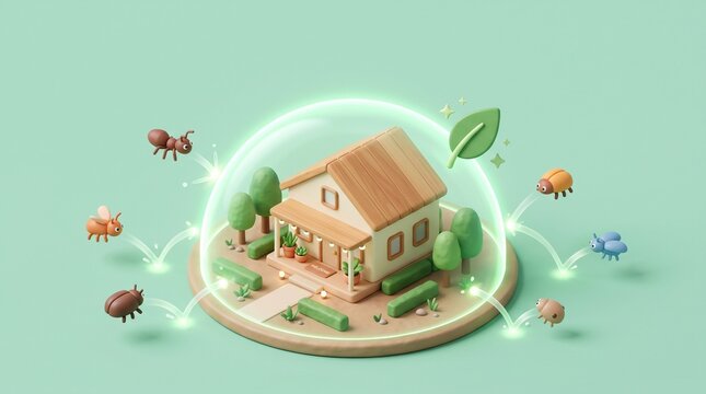 3D Minimalist Clay Style Render of a Protective Glowing Green Shield Over a Modern House with Stylized Insects
